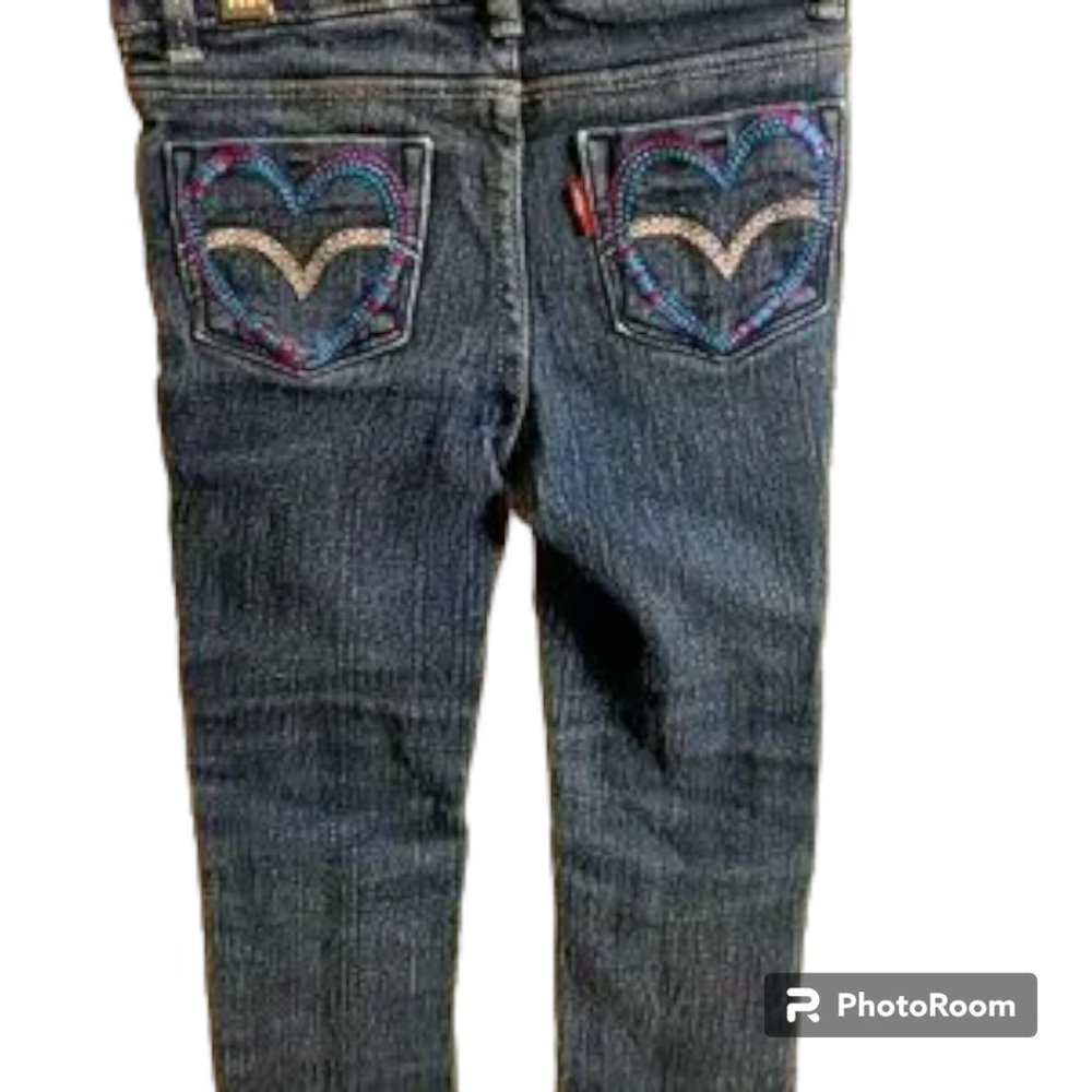 Levi's Girl's blue jeans with gems and embroidered hearts Adjustable Waist 3T‎
